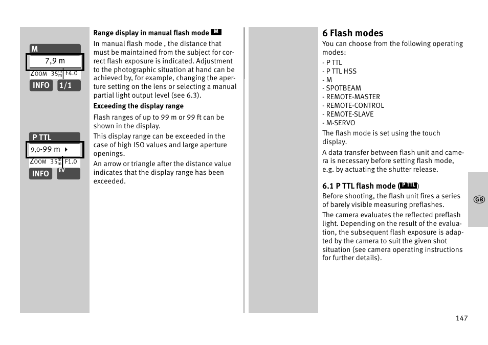 6 flash modes | Metz MECABLITZ 52 AF-1 digital Pentax User Manual | Page 147 / 278