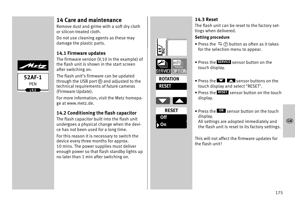 14 care and maintenance, 52af-1 | Metz MECABLITZ 52 AF-1 digital Pentax User Manual | Page 175 / 278