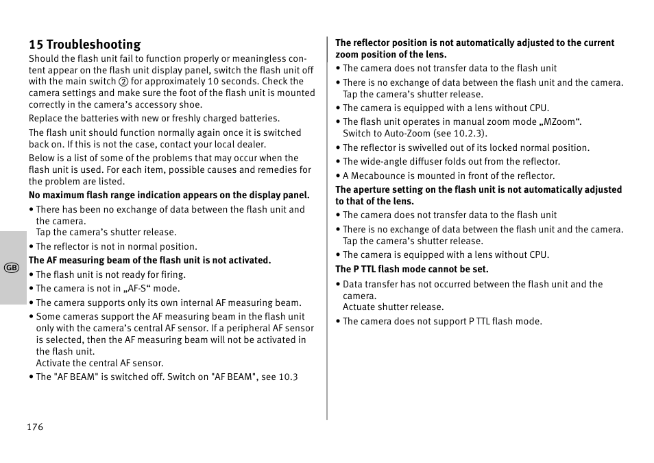15 troubleshooting | Metz MECABLITZ 52 AF-1 digital Pentax User Manual | Page 176 / 278
