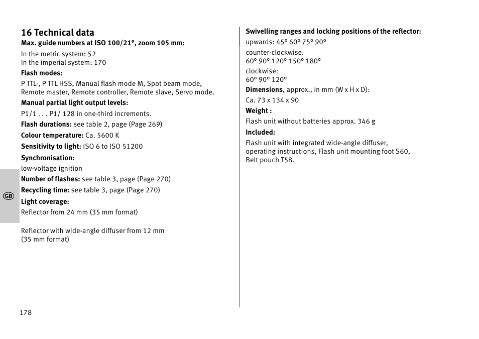 16 technical data | Metz MECABLITZ 52 AF-1 digital Pentax User Manual | Page 178 / 278