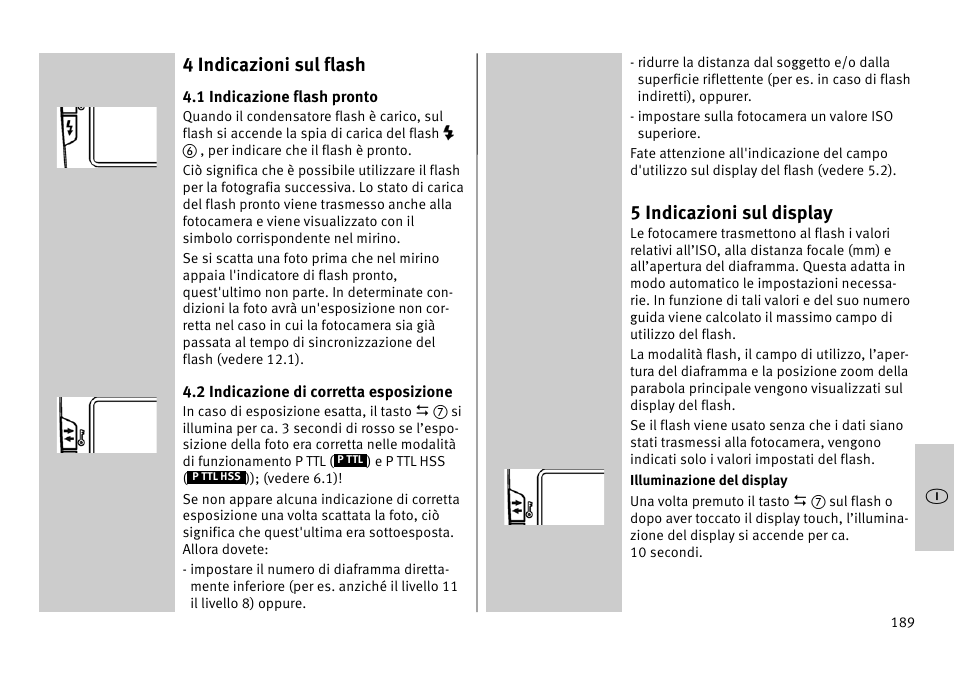 4 indicazioni sul flash, 5 indicazioni sul display | Metz MECABLITZ 52 AF-1 digital Pentax User Manual | Page 189 / 278