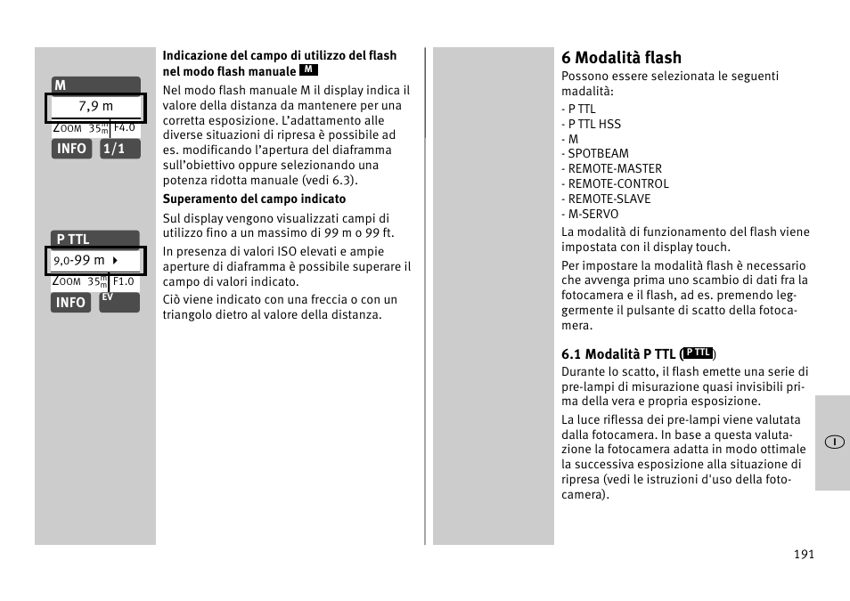 6 modalità flash | Metz MECABLITZ 52 AF-1 digital Pentax User Manual | Page 191 / 278