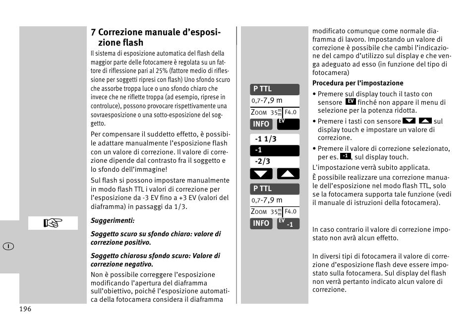 7 correzione manuale d’esposi- zione flash | Metz MECABLITZ 52 AF-1 digital Pentax User Manual | Page 196 / 278
