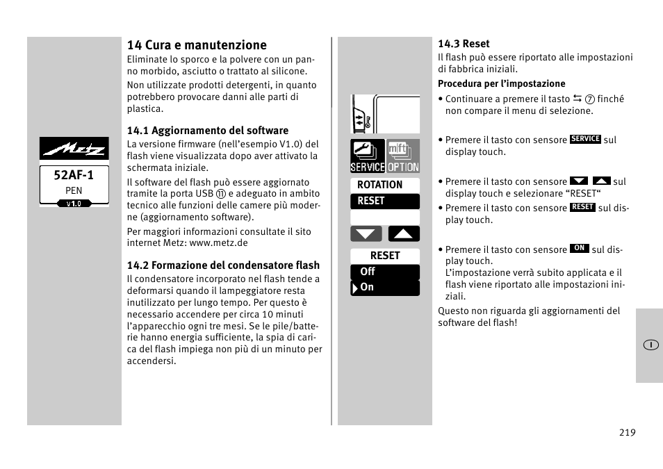 14 cura e manutenzione, 52af-1 | Metz MECABLITZ 52 AF-1 digital Pentax User Manual | Page 219 / 278