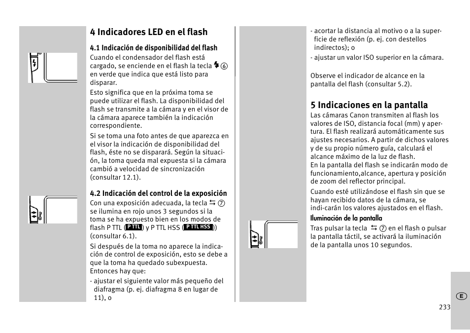 4 indicadores led en el flash, 5 indicaciones en la pantalla | Metz MECABLITZ 52 AF-1 digital Pentax User Manual | Page 233 / 278