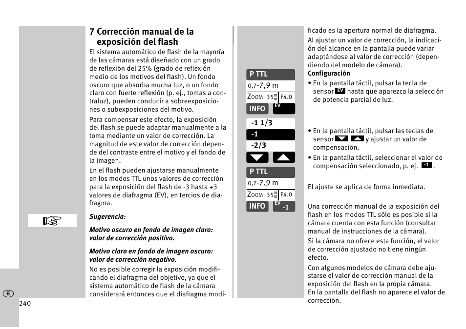 7 corrección manual de la exposición del flash | Metz MECABLITZ 52 AF-1 digital Pentax User Manual | Page 240 / 278
