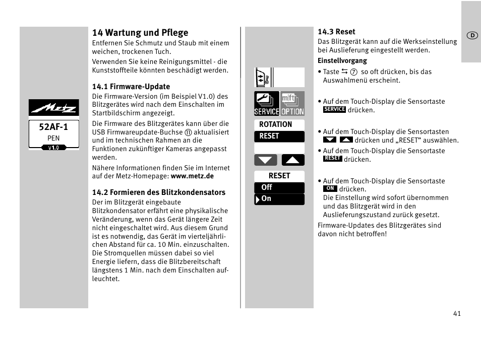 14 wartung und pflege, 52af-1 | Metz MECABLITZ 52 AF-1 digital Pentax User Manual | Page 41 / 278