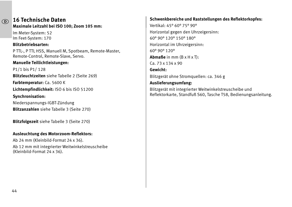 16 technische daten | Metz MECABLITZ 52 AF-1 digital Pentax User Manual | Page 44 / 278