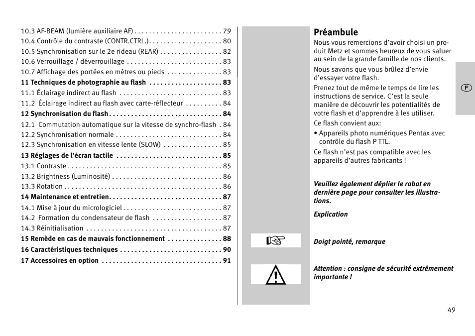 Préambule | Metz MECABLITZ 52 AF-1 digital Pentax User Manual | Page 49 / 278