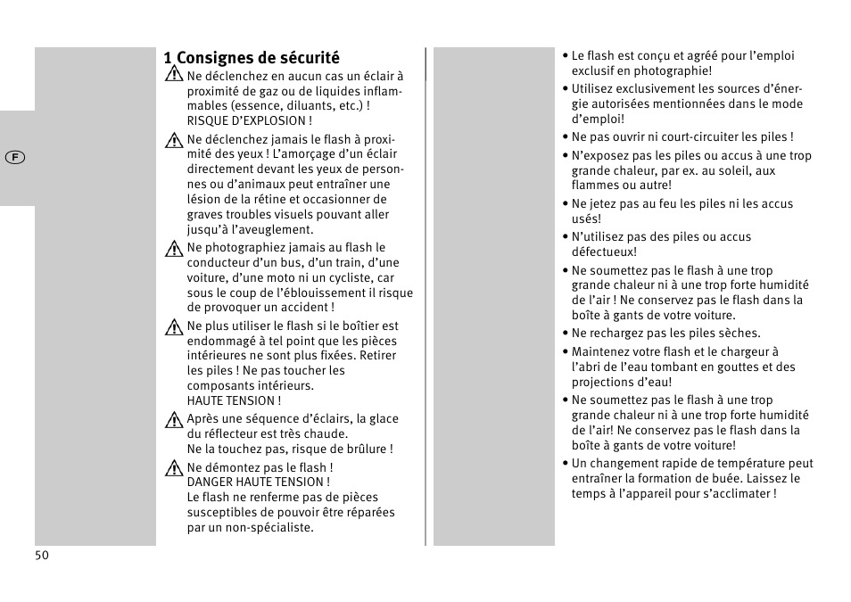 1 consignes de sécurité | Metz MECABLITZ 52 AF-1 digital Pentax User Manual | Page 50 / 278