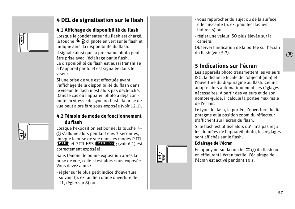 4 del de signalisation sur le flash, 5 indications sur l’écran | Metz MECABLITZ 52 AF-1 digital Pentax User Manual | Page 57 / 278