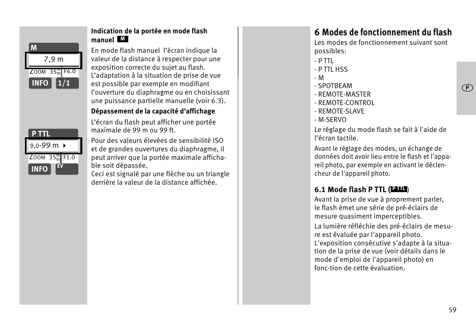 6 modes de fonctionnement du flash | Metz MECABLITZ 52 AF-1 digital Pentax User Manual | Page 59 / 278
