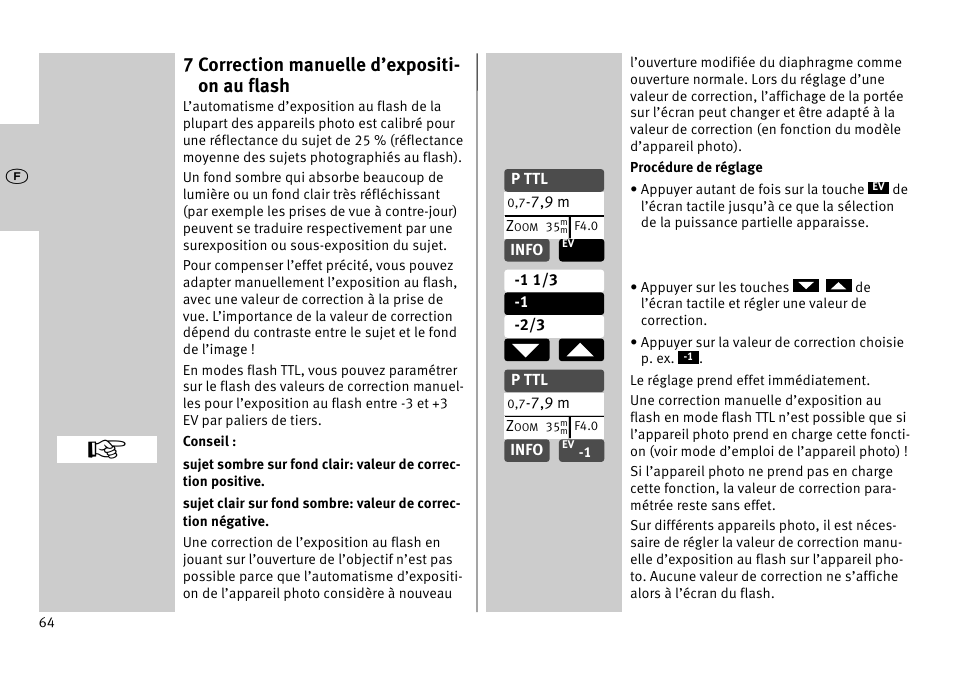 7 correction manuelle d’expositi- on au flash | Metz MECABLITZ 52 AF-1 digital Pentax User Manual | Page 64 / 278