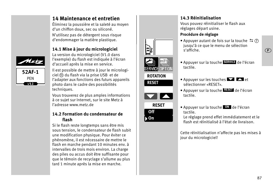 14 maintenance et entretien, 52af-1 | Metz MECABLITZ 52 AF-1 digital Pentax User Manual | Page 87 / 278