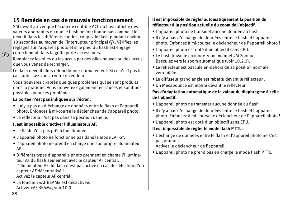 15 remède en cas de mauvais fonctionnement | Metz MECABLITZ 52 AF-1 digital Pentax User Manual | Page 88 / 278