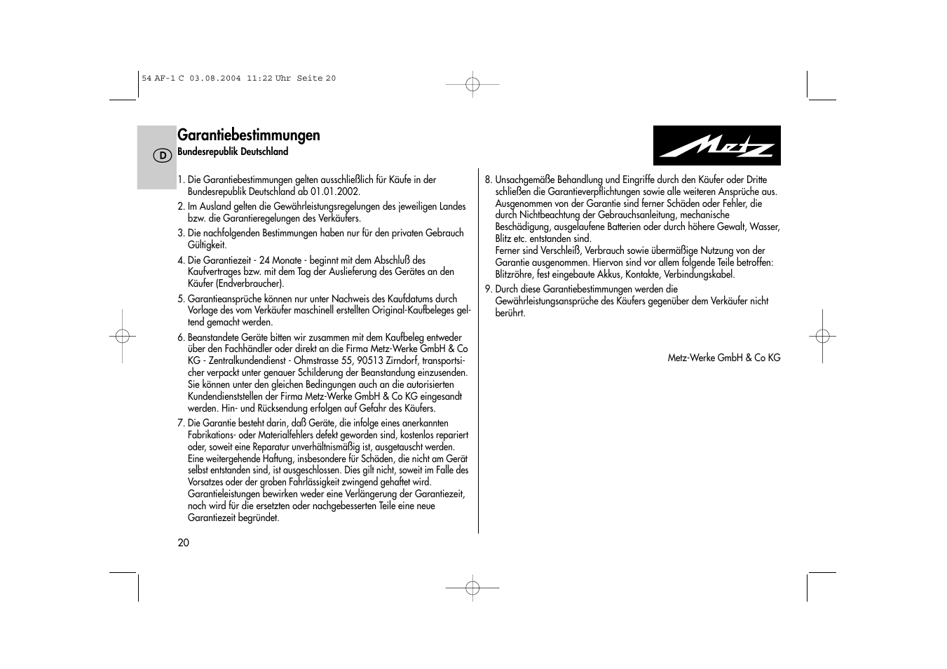 Garantiebestimmungen | Metz MECABLITZ 54 AF-1 Canon User Manual | Page 20 / 120