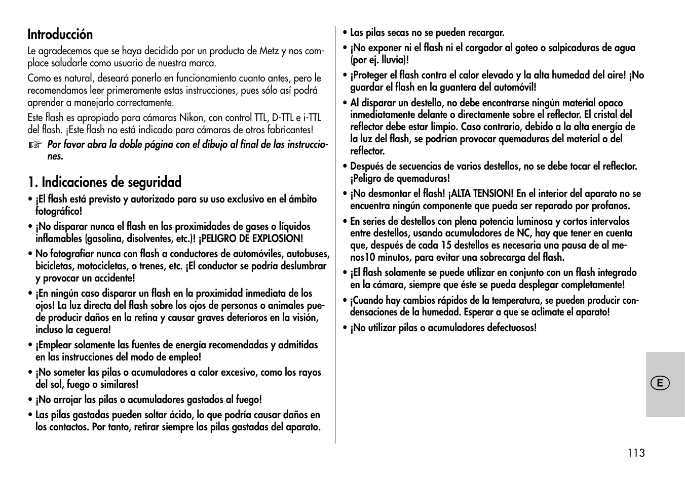 Introducción, Indicaciones de seguridad | Metz MECABLITZ 54 AF-1 Nikon User Manual | Page 113 / 142