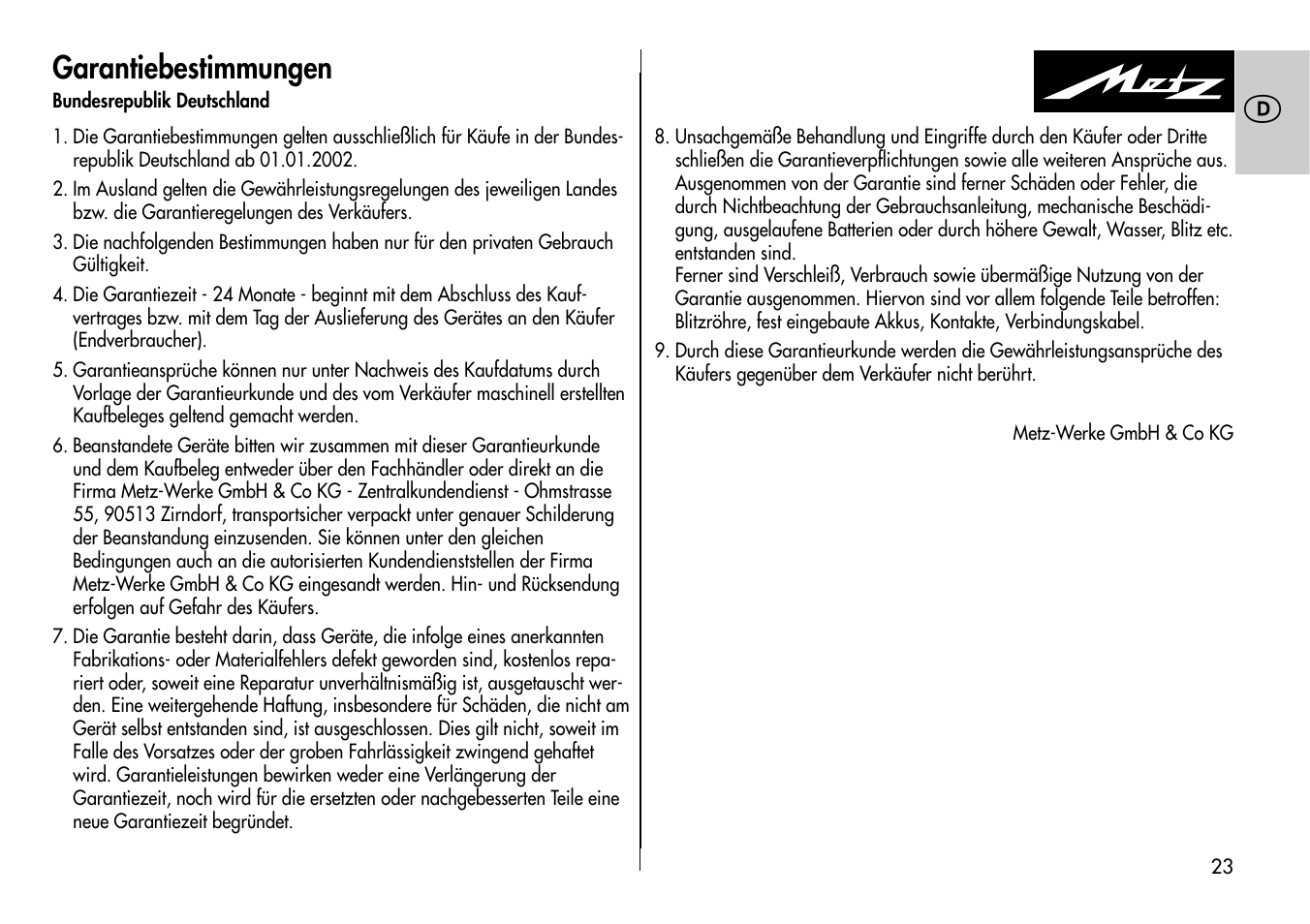 Garantiebestimmungen | Metz MECABLITZ 54 AF-1 Nikon User Manual | Page 23 / 142