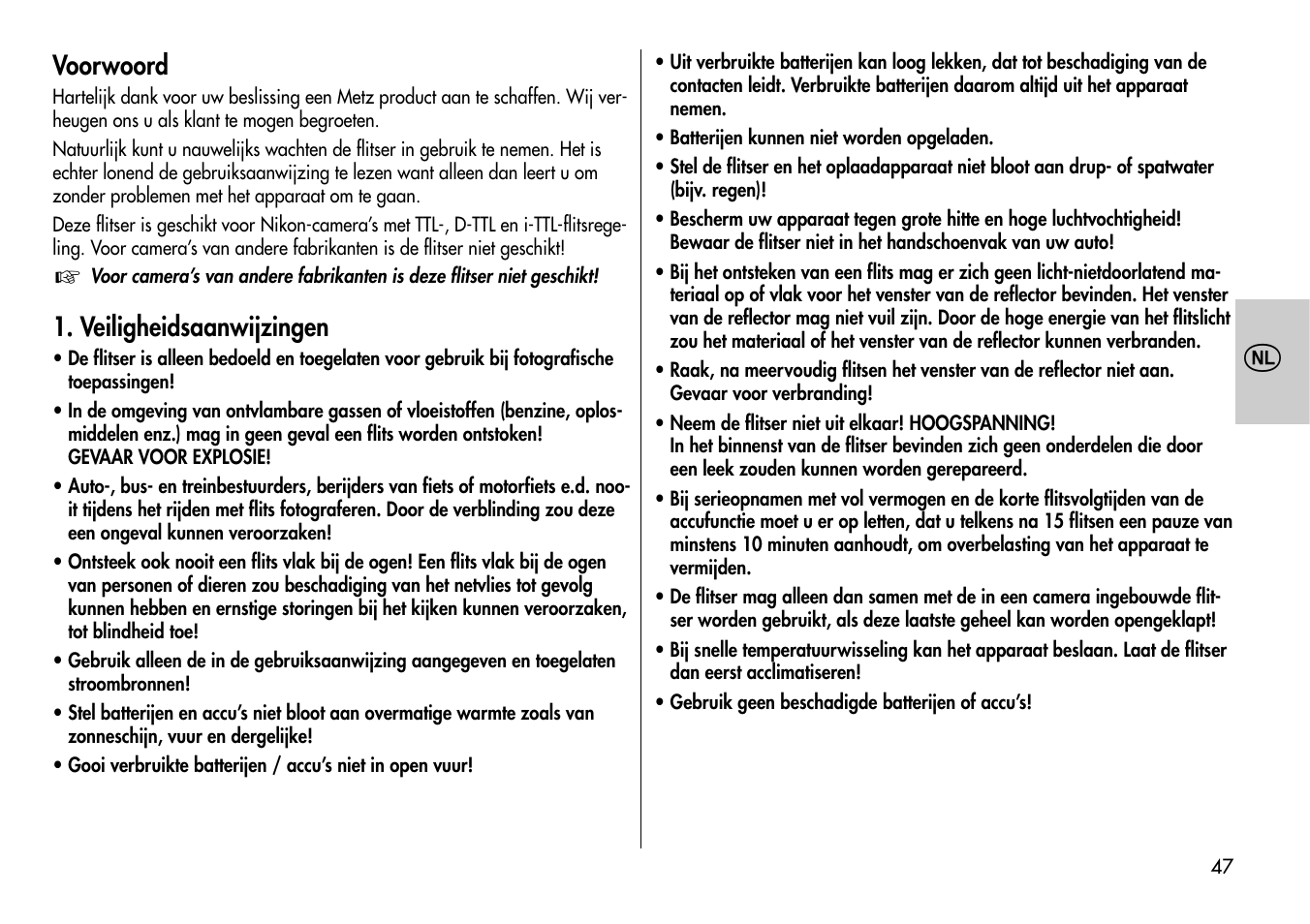 Voorwoord, Veiligheidsaanwijzingen | Metz MECABLITZ 54 AF-1 Nikon User Manual | Page 47 / 142