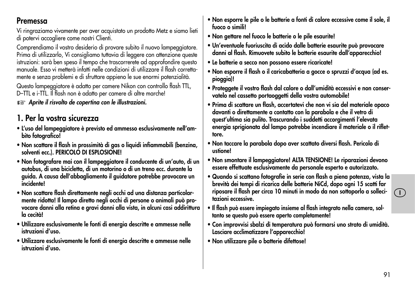 Premessa, Per la vostra sicurezza | Metz MECABLITZ 54 AF-1 Nikon User Manual | Page 91 / 142