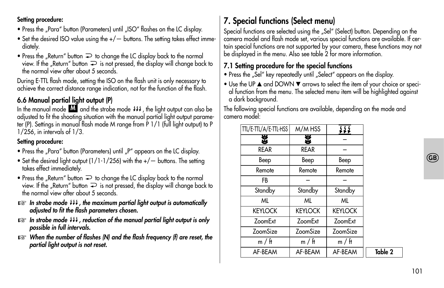 Special functions (select menu) | Metz MECABLITZ 58 AF-1 digital Canon User Manual | Page 101 / 190