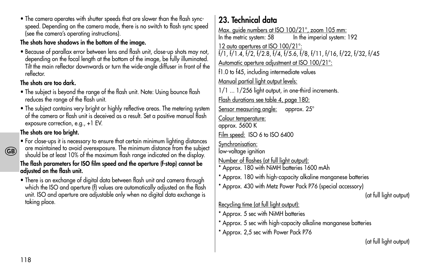 Technical data | Metz MECABLITZ 58 AF-1 digital Canon User Manual | Page 118 / 190