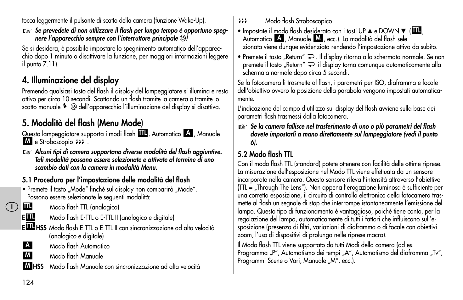 Illuminazione del display, Modalità del flash (menu mode) | Metz MECABLITZ 58 AF-1 digital Canon User Manual | Page 124 / 190