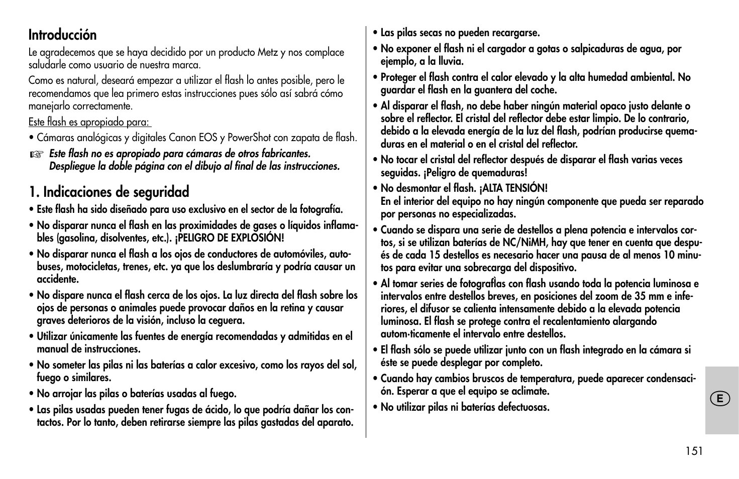 Introducción, Indicaciones de seguridad | Metz MECABLITZ 58 AF-1 digital Canon User Manual | Page 151 / 190