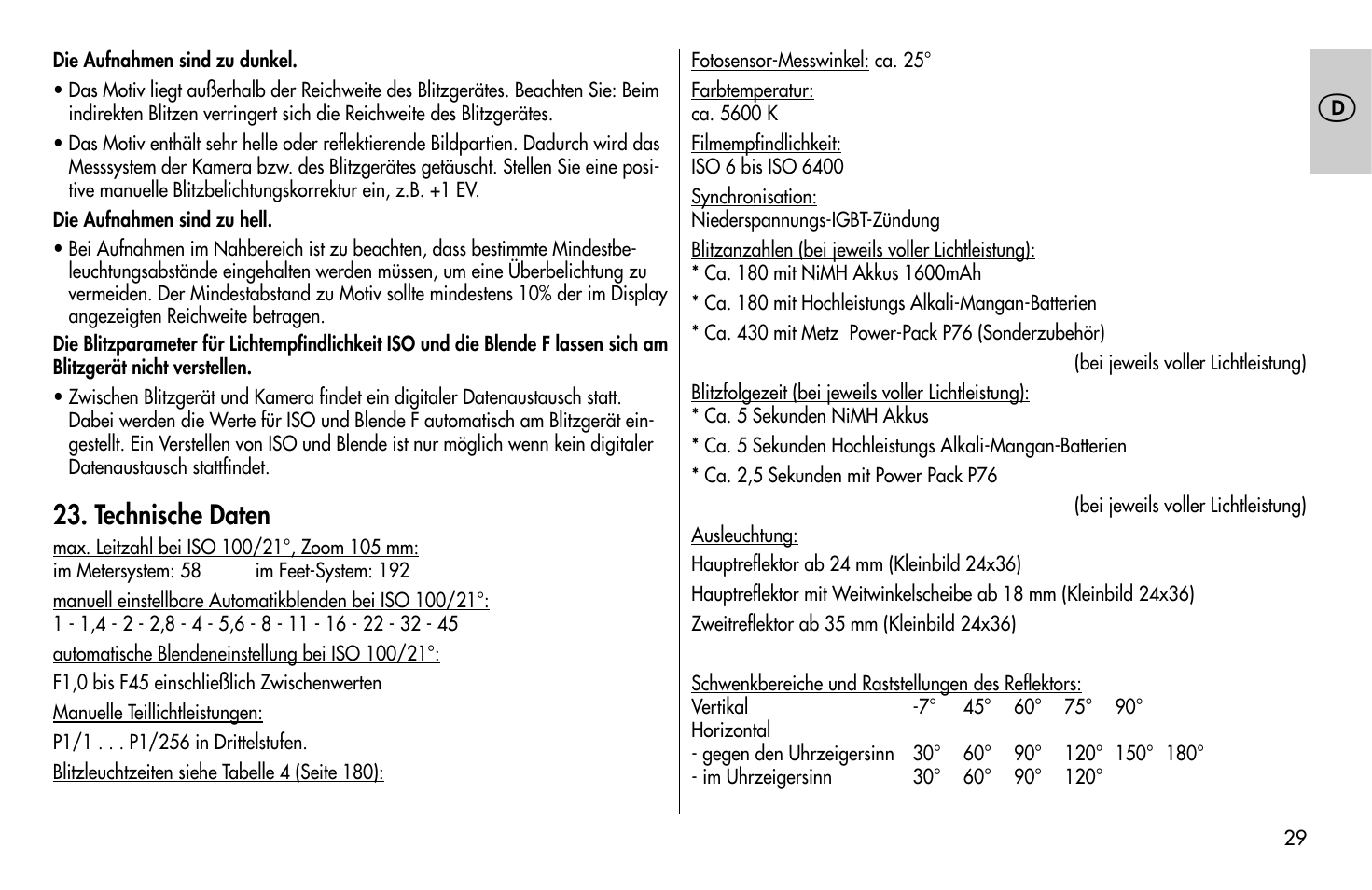 Technische daten | Metz MECABLITZ 58 AF-1 digital Canon User Manual | Page 29 / 190