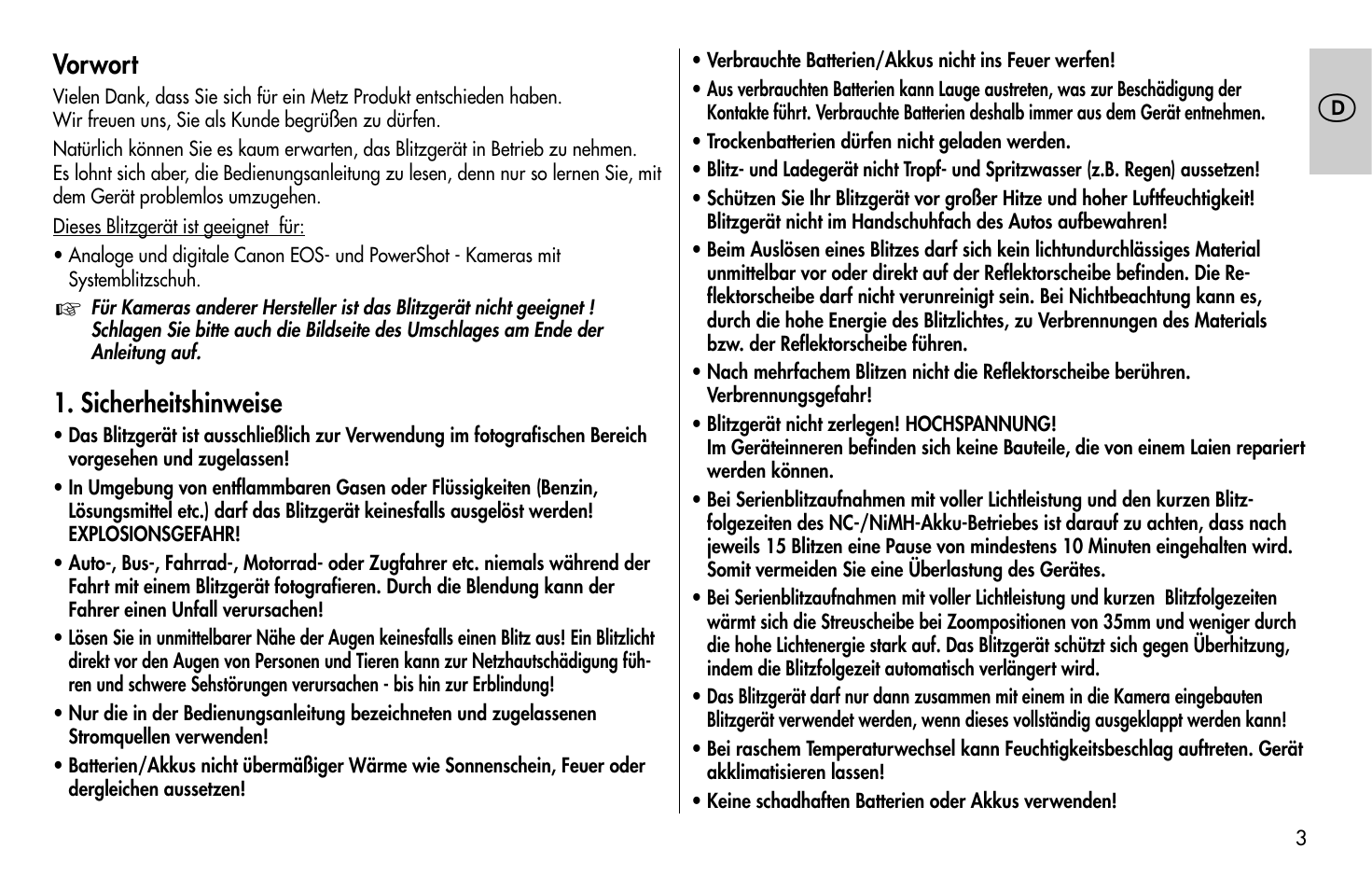 Vorwort, Sicherheitshinweise | Metz MECABLITZ 58 AF-1 digital Canon User Manual | Page 3 / 190