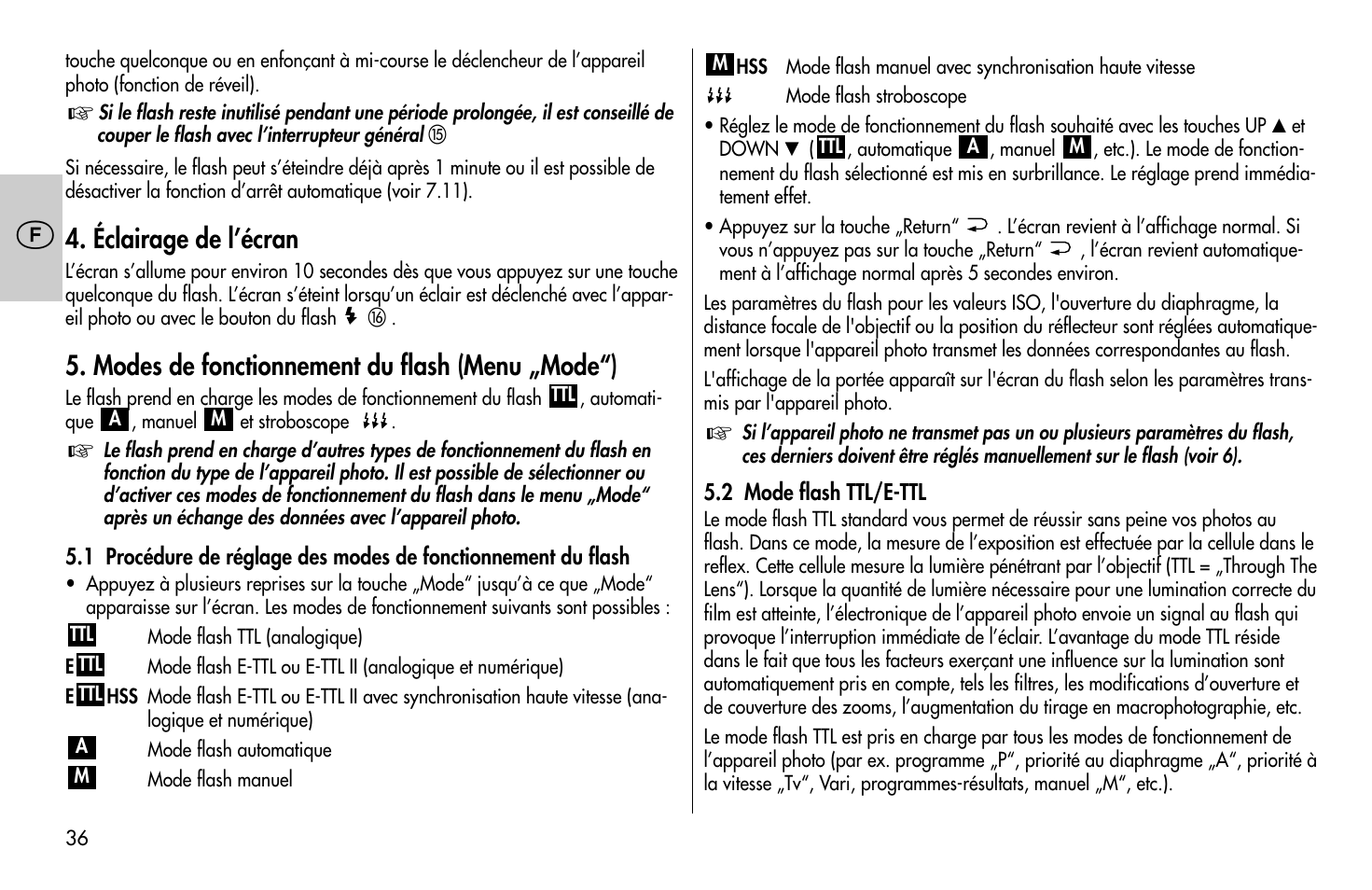 Éclairage de l’écran, Modes de fonctionnement du flash (menu „mode“) | Metz MECABLITZ 58 AF-1 digital Canon User Manual | Page 36 / 190