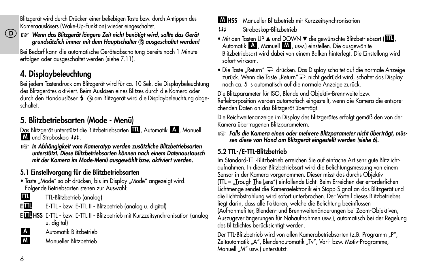Displaybeleuchtung, Blitzbetriebsarten (mode - menü) | Metz MECABLITZ 58 AF-1 digital Canon User Manual | Page 6 / 190