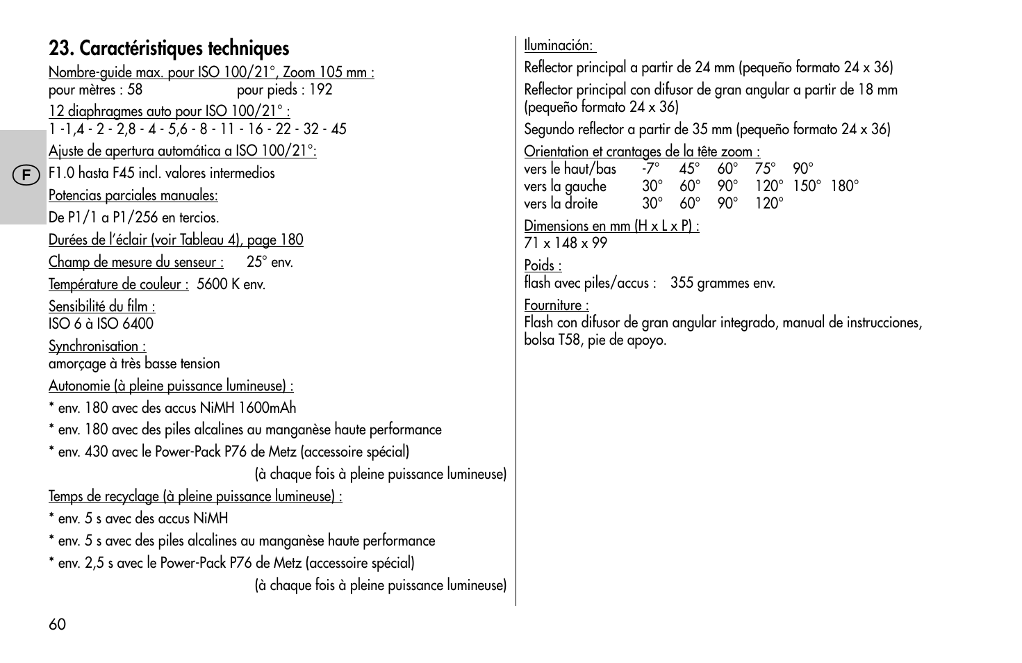 Caractéristiques techniques | Metz MECABLITZ 58 AF-1 digital Canon User Manual | Page 60 / 190