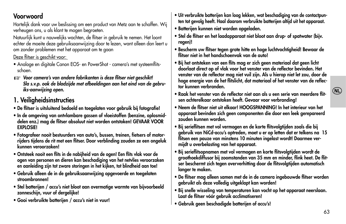 Voorwoord, Veiligheidsinstructies | Metz MECABLITZ 58 AF-1 digital Canon User Manual | Page 63 / 190