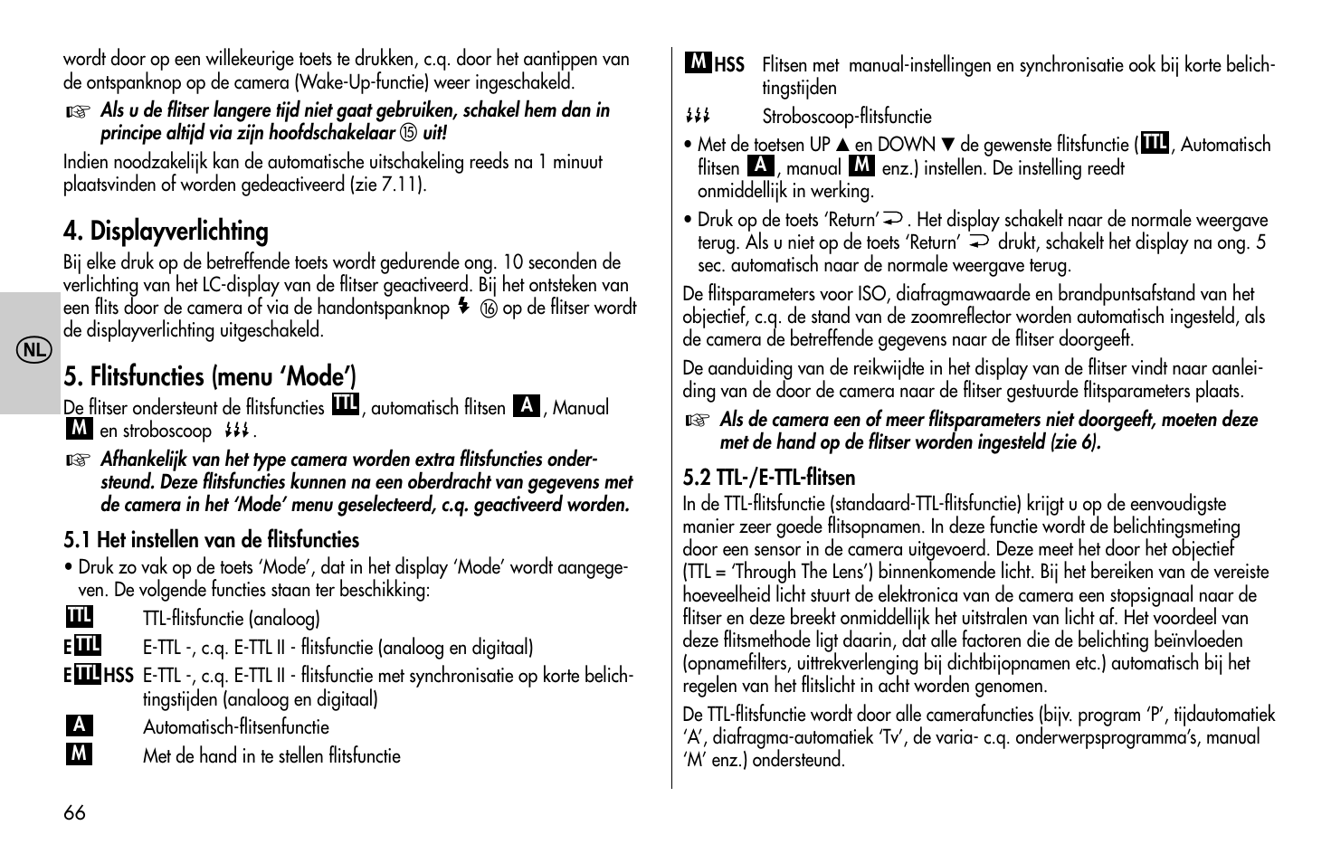 Displayverlichting, Flitsfuncties (menu ‘mode’) | Metz MECABLITZ 58 AF-1 digital Canon User Manual | Page 66 / 190