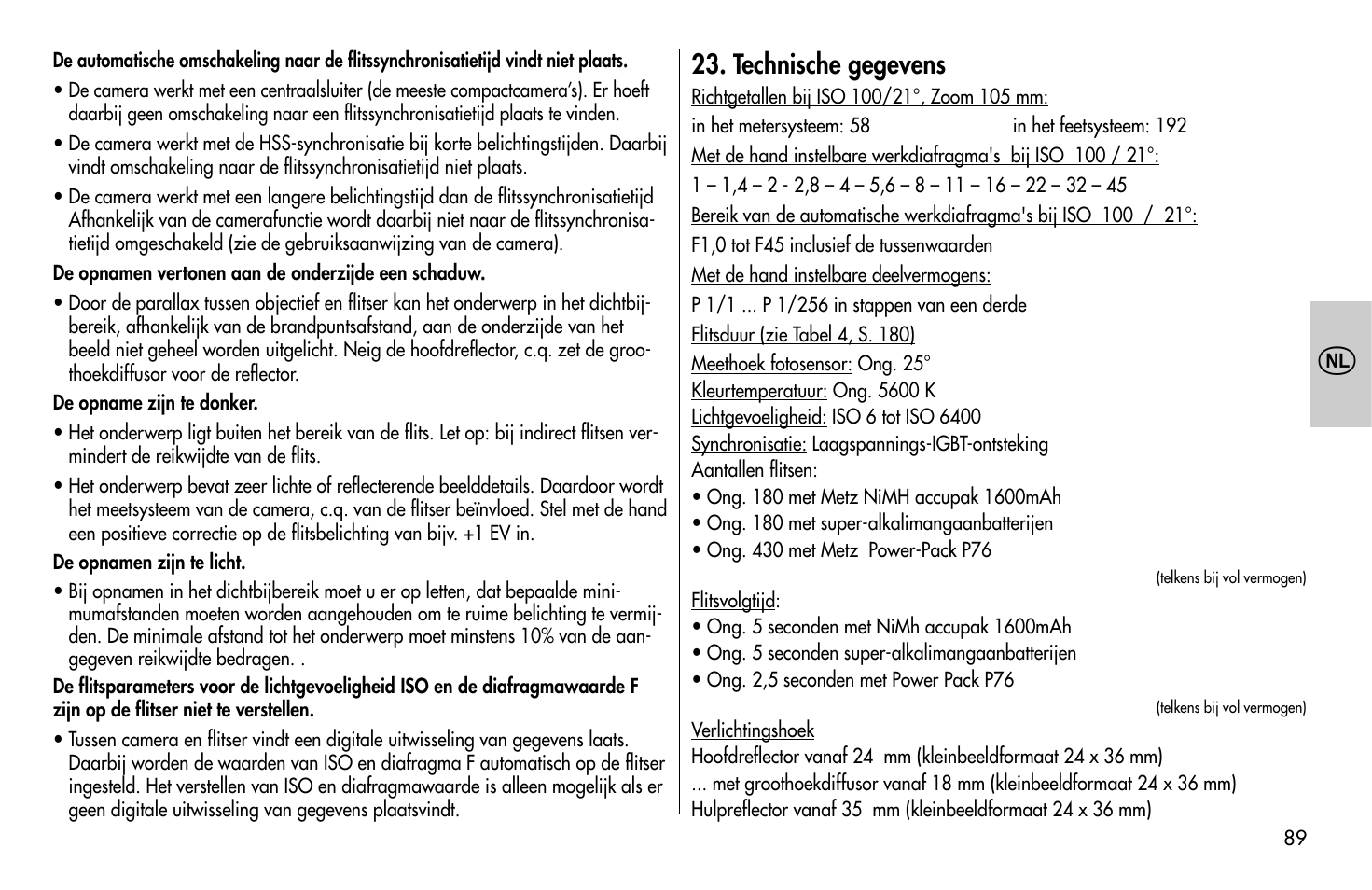 Technische gegevens | Metz MECABLITZ 58 AF-1 digital Canon User Manual | Page 89 / 190