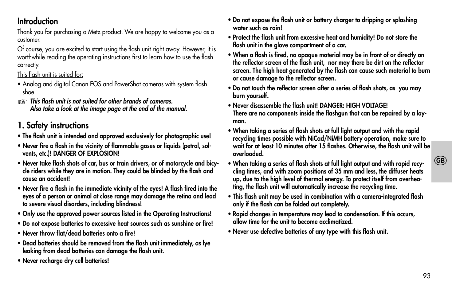 Introduction, Safety instructions | Metz MECABLITZ 58 AF-1 digital Canon User Manual | Page 93 / 190