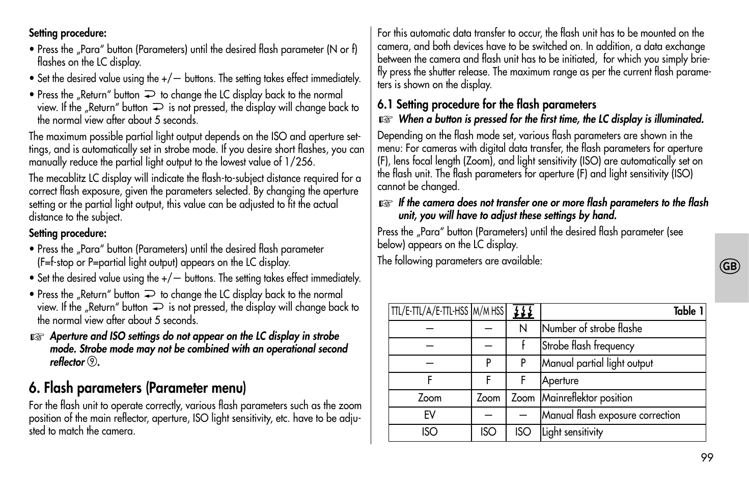 Flash parameters (parameter menu) | Metz MECABLITZ 58 AF-1 digital Canon User Manual | Page 99 / 190