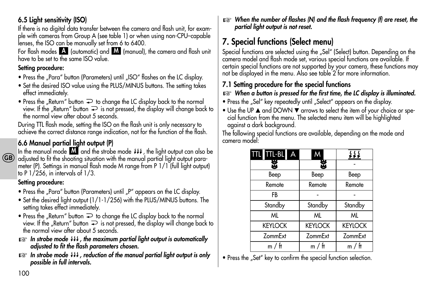 Special functions (select menu) | Metz MECABLITZ 58 AF-1 digital Nikon User Manual | Page 100 / 182