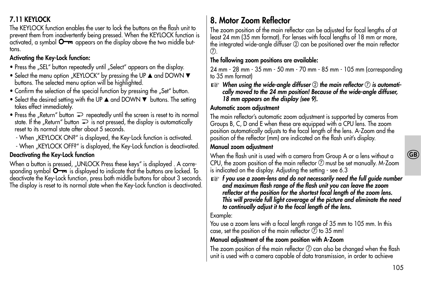 Motor zoom reflector | Metz MECABLITZ 58 AF-1 digital Nikon User Manual | Page 105 / 182
