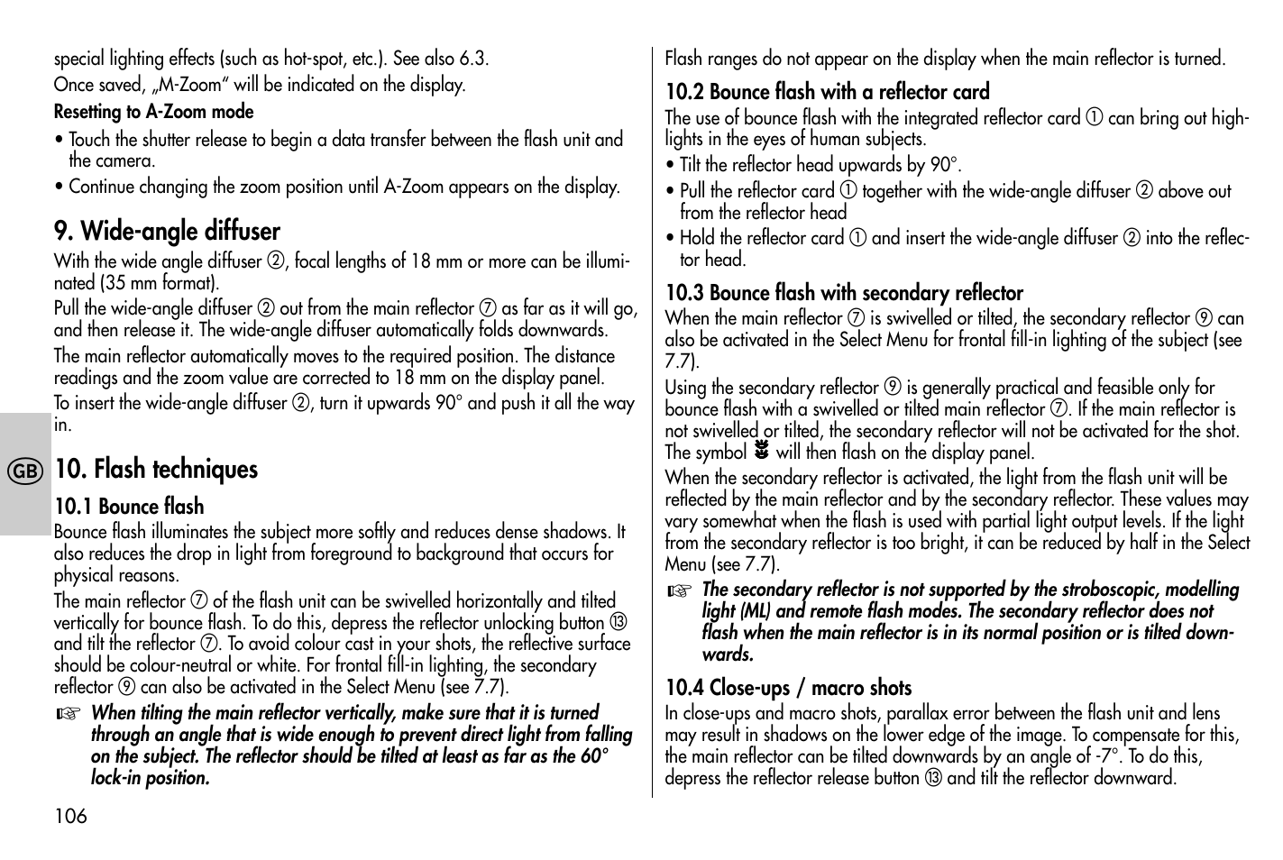 Wide-angle diffuser, Flash techniques | Metz MECABLITZ 58 AF-1 digital Nikon User Manual | Page 106 / 182