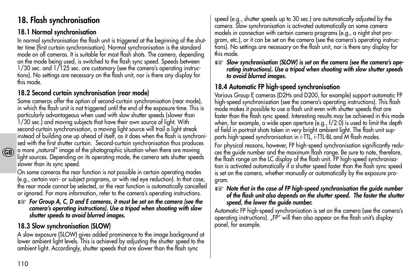 Flash synchronisation | Metz MECABLITZ 58 AF-1 digital Nikon User Manual | Page 110 / 182