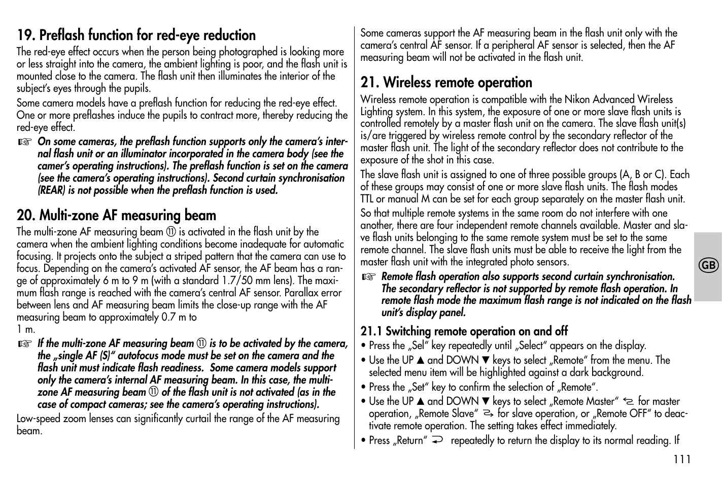 Preflash function for red-eye reduction, Multi-zone af measuring beam, Wireless remote operation | Metz MECABLITZ 58 AF-1 digital Nikon User Manual | Page 111 / 182