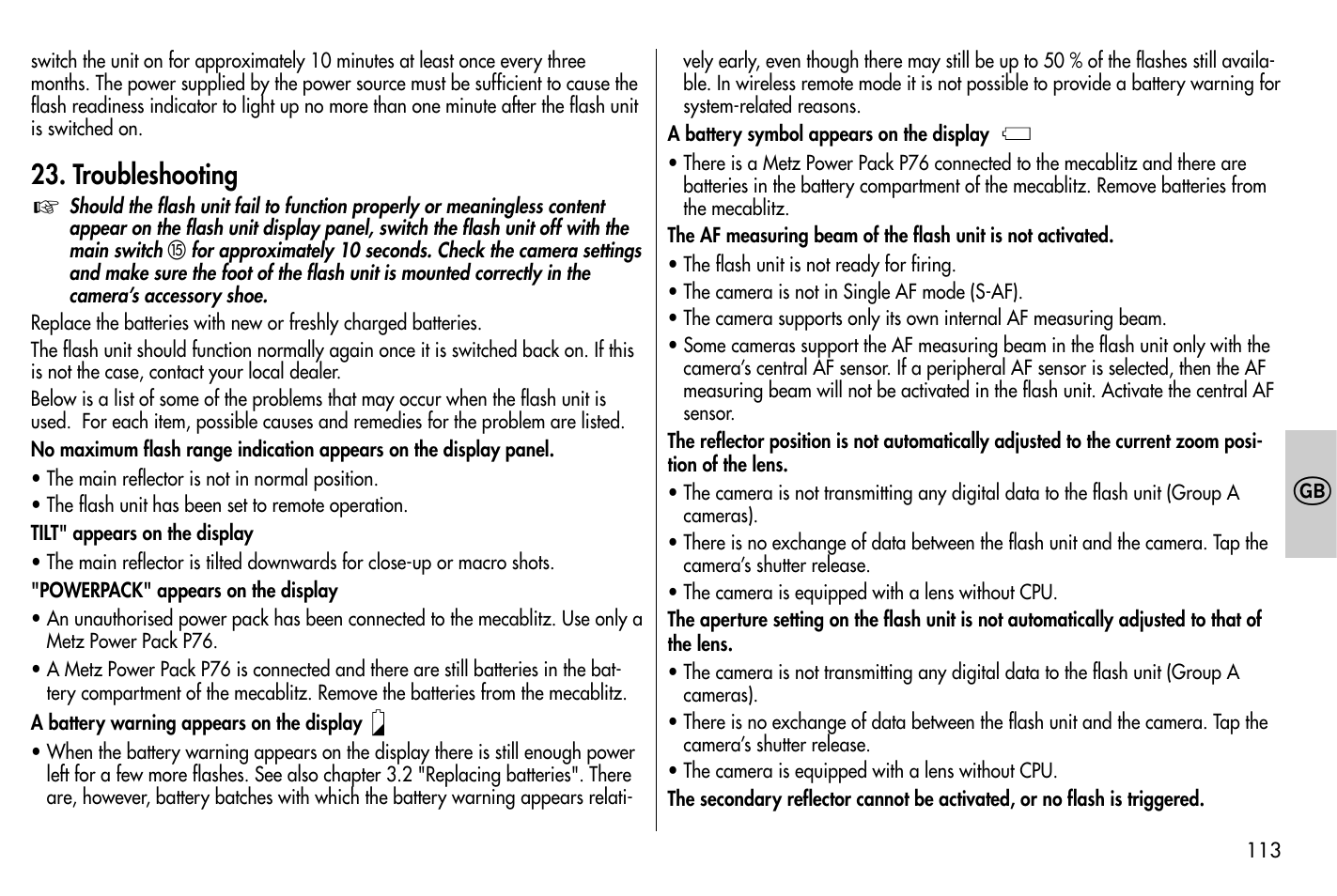 Troubleshooting | Metz MECABLITZ 58 AF-1 digital Nikon User Manual | Page 113 / 182