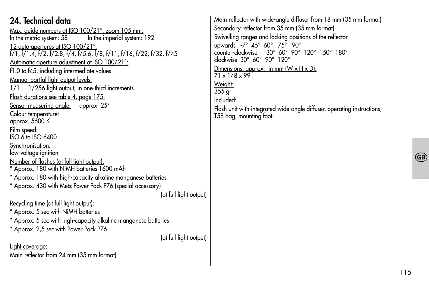 Technical data | Metz MECABLITZ 58 AF-1 digital Nikon User Manual | Page 115 / 182