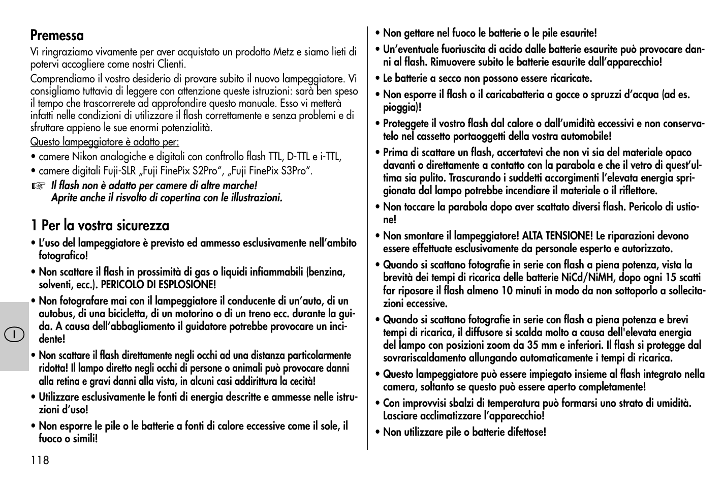 Premessa, 1 per la vostra sicurezza | Metz MECABLITZ 58 AF-1 digital Nikon User Manual | Page 118 / 182