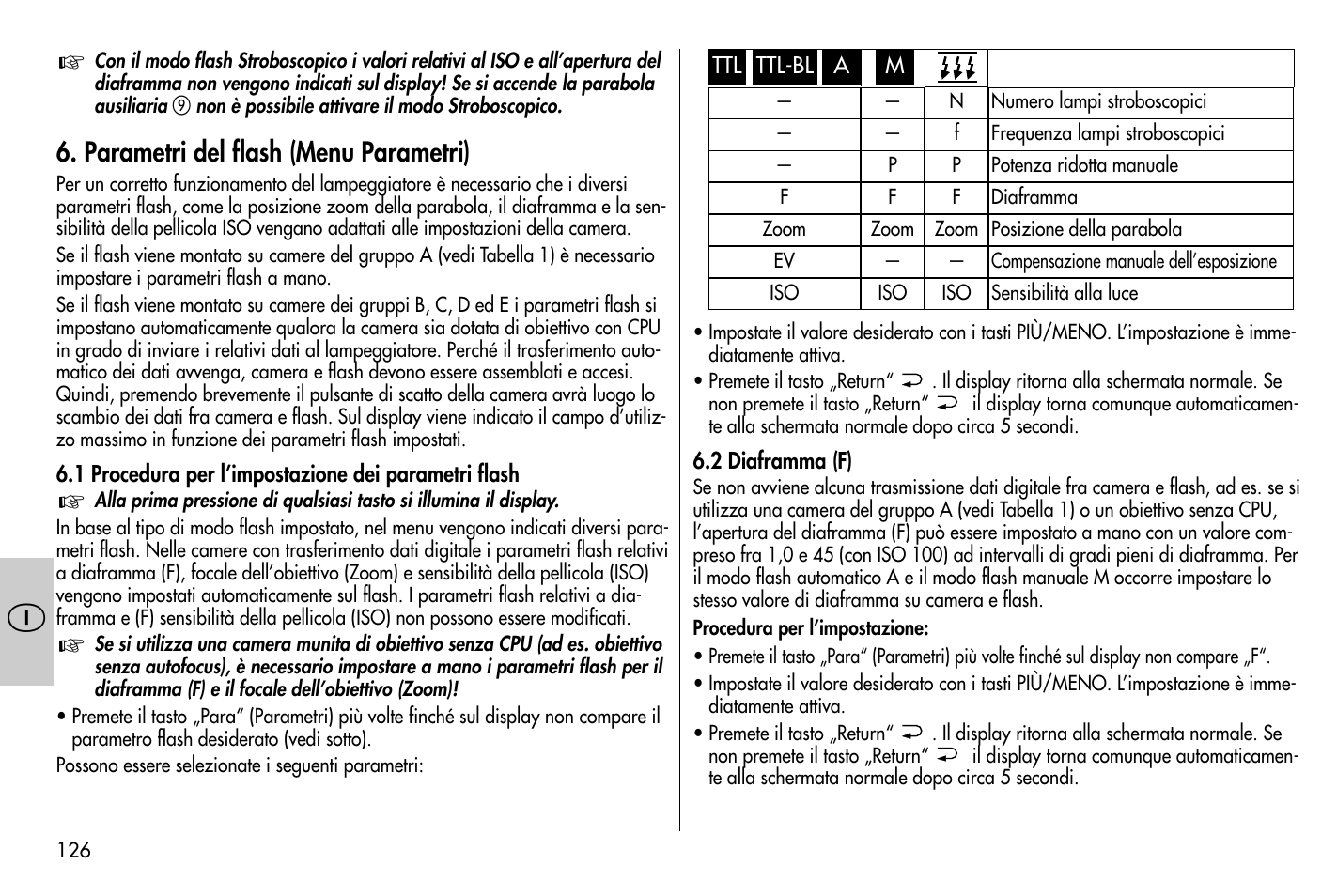 Parametri del flash (menu parametri) | Metz MECABLITZ 58 AF-1 digital Nikon User Manual | Page 126 / 182