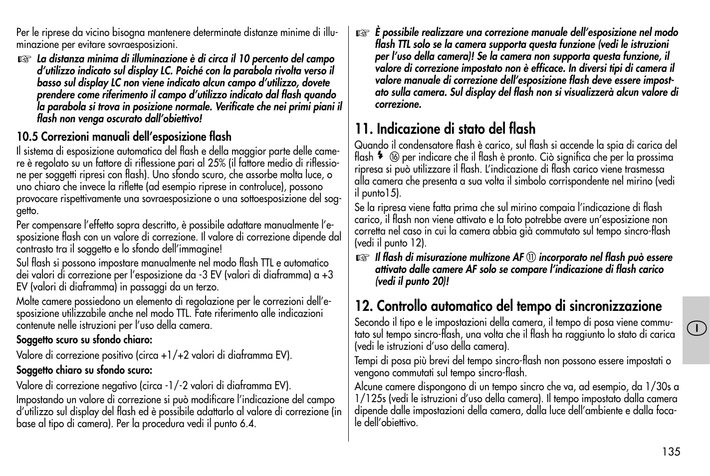 Indicazione di stato del flash, Controllo automatico del tempo di sincronizzazione | Metz MECABLITZ 58 AF-1 digital Nikon User Manual | Page 135 / 182