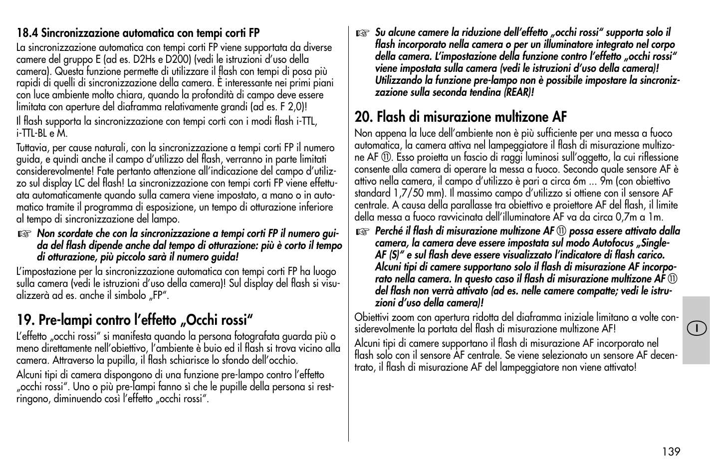 Pre-lampi contro l’effetto „occhi rossi, Flash di misurazione multizone af | Metz MECABLITZ 58 AF-1 digital Nikon User Manual | Page 139 / 182