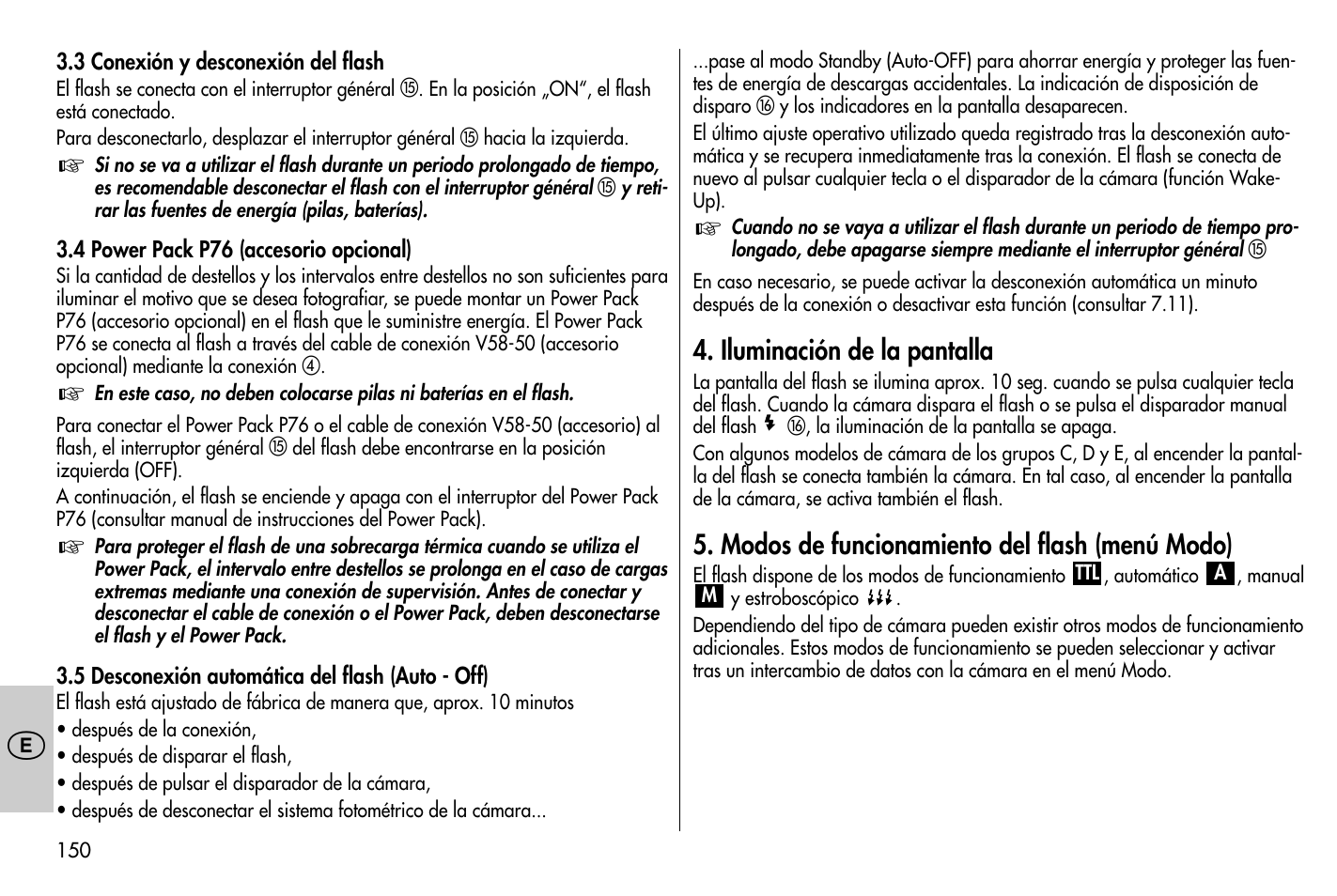 Iluminación de la pantalla, Modos de funcionamiento del flash (menú modo) | Metz MECABLITZ 58 AF-1 digital Nikon User Manual | Page 150 / 182